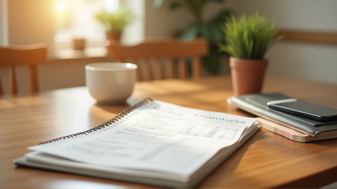 ダイニングテーブルで家族が家計について話し合っている背景