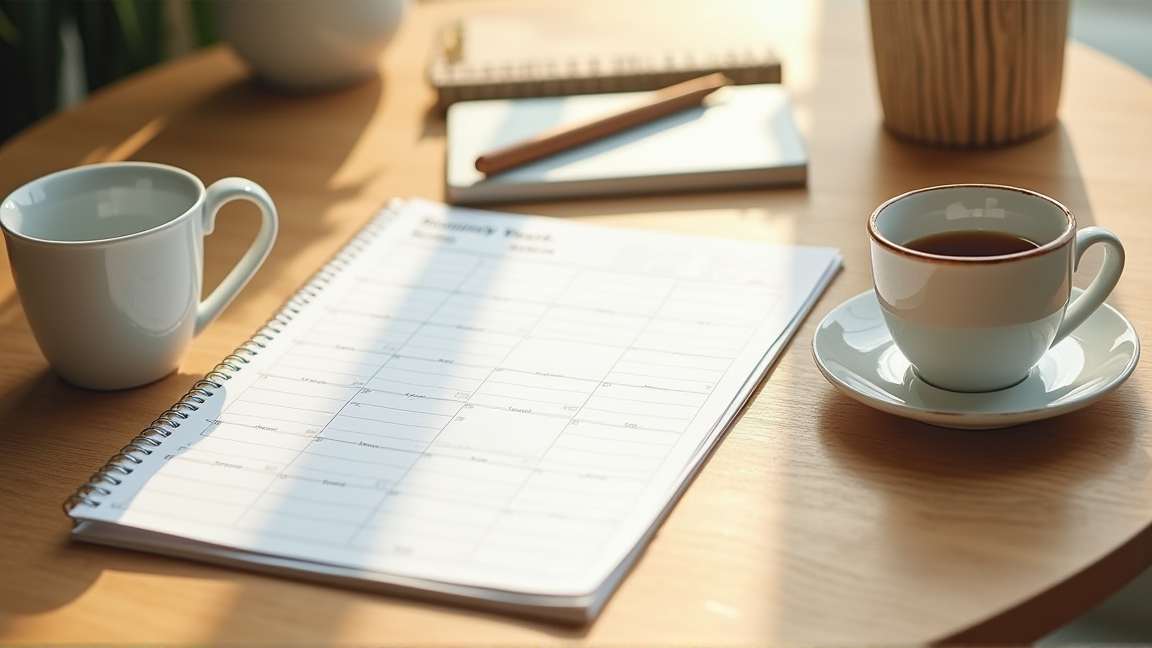 カレンダーとチェックリストで年間の家計計画を立てる様子