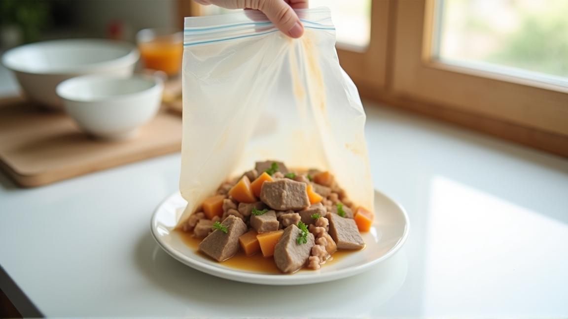 粗熱を取ったシチューを冷凍用保存袋に平らに入れている様子