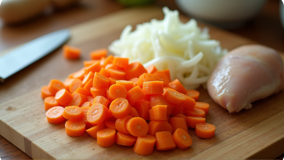 シチューに入れる具材を大きさをそろえて切り分けているまな板の様子