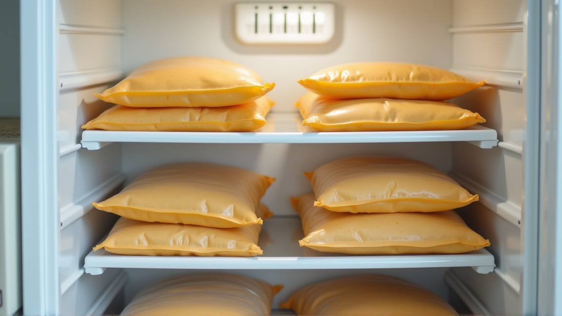 小分けされたシチューが保存容器に並んでいる冷凍庫の様子