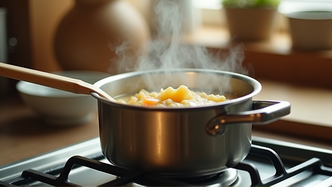 小鍋で冷凍シチューを弱火で温め直している様子