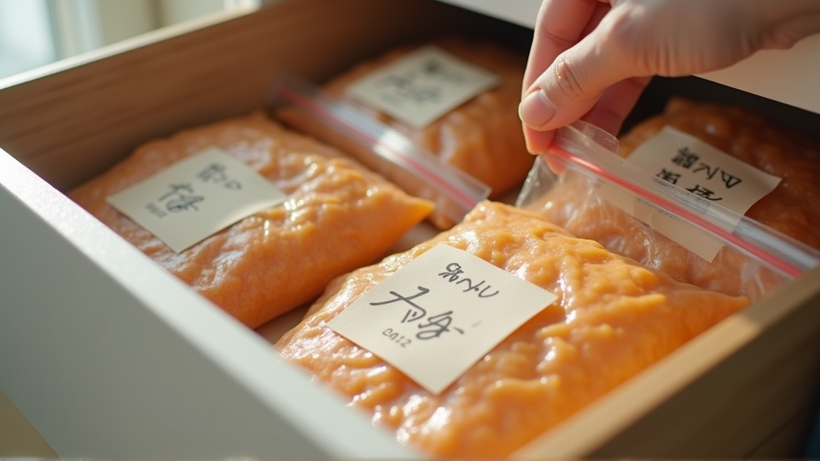 ラベルに日付を書いた冷凍シチューの袋を並べている様子