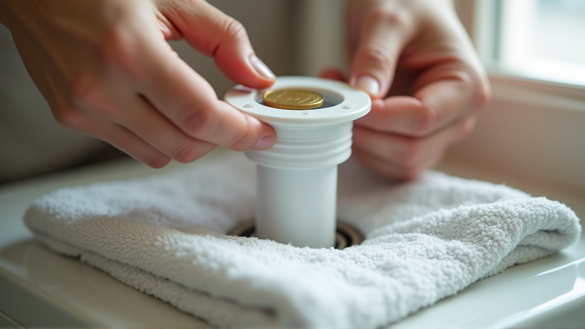 洗濯機の排水フィルターとコインを確認する手元