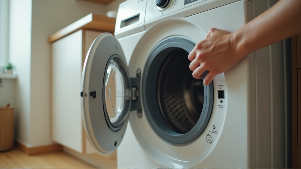 洗濯機の背面ホースと設置状況を確認する様子