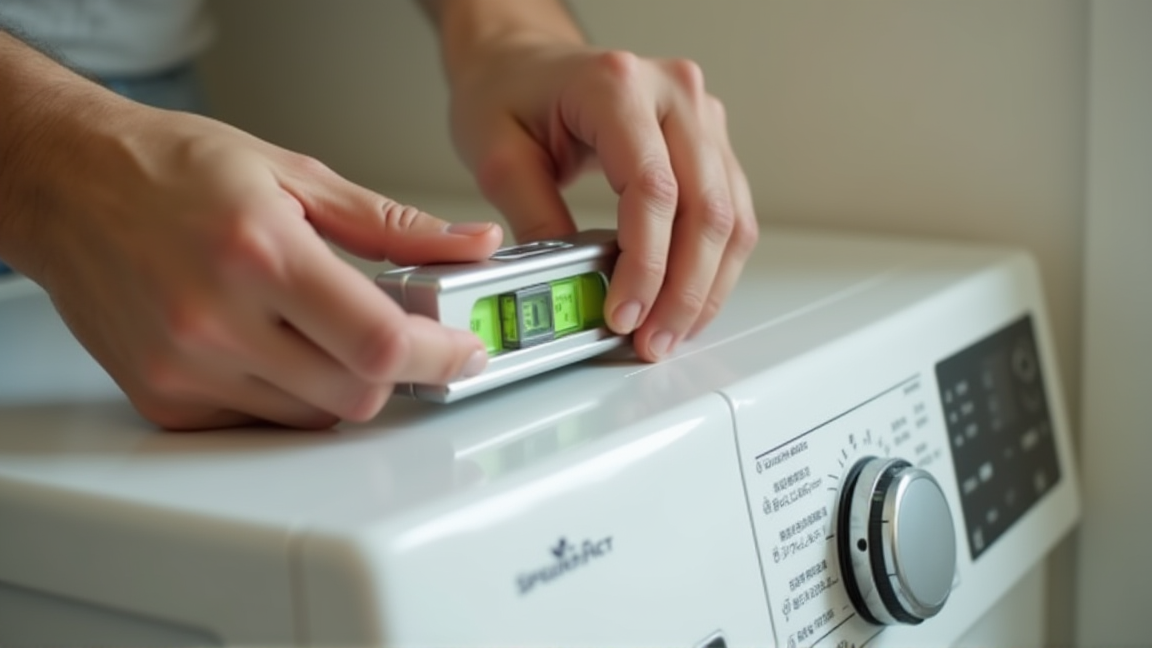 洗濯機の水平を水準器で確認する手元