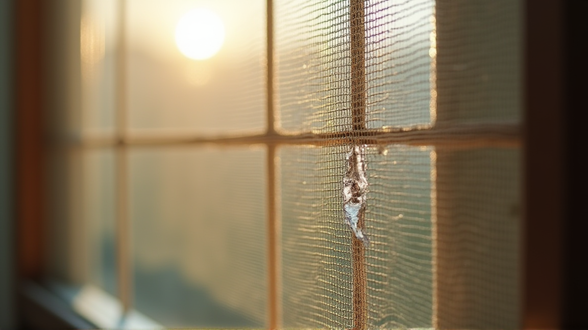 網戸の小さな破れをクローズアップした様子