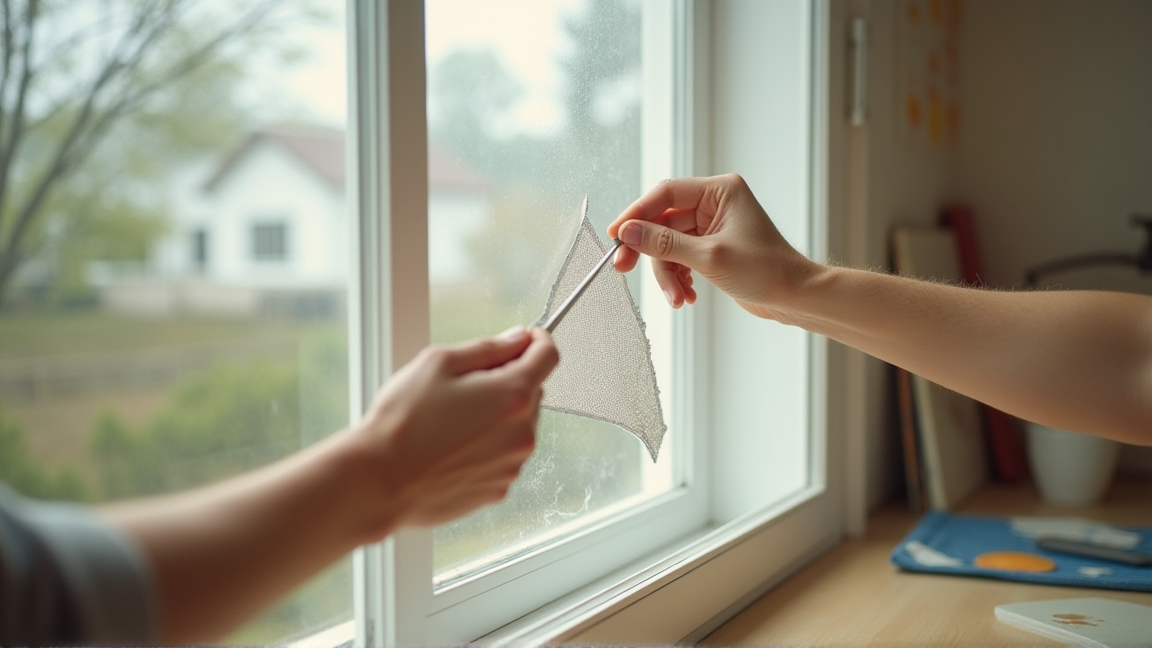 網戸に補修テープを貼り付ける手元