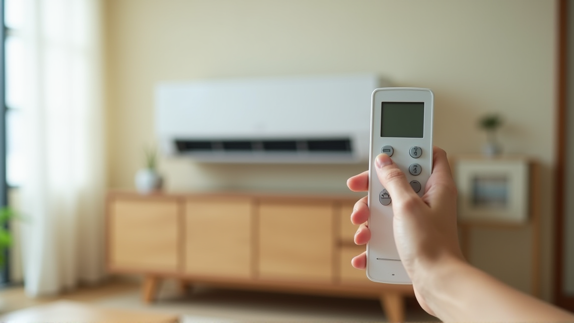 家庭のエアコンリモコンと温度設定をチェックする手元