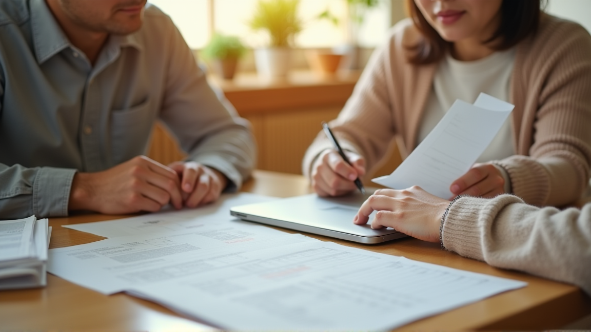 家族でソファに座り電気代について話し合う手元