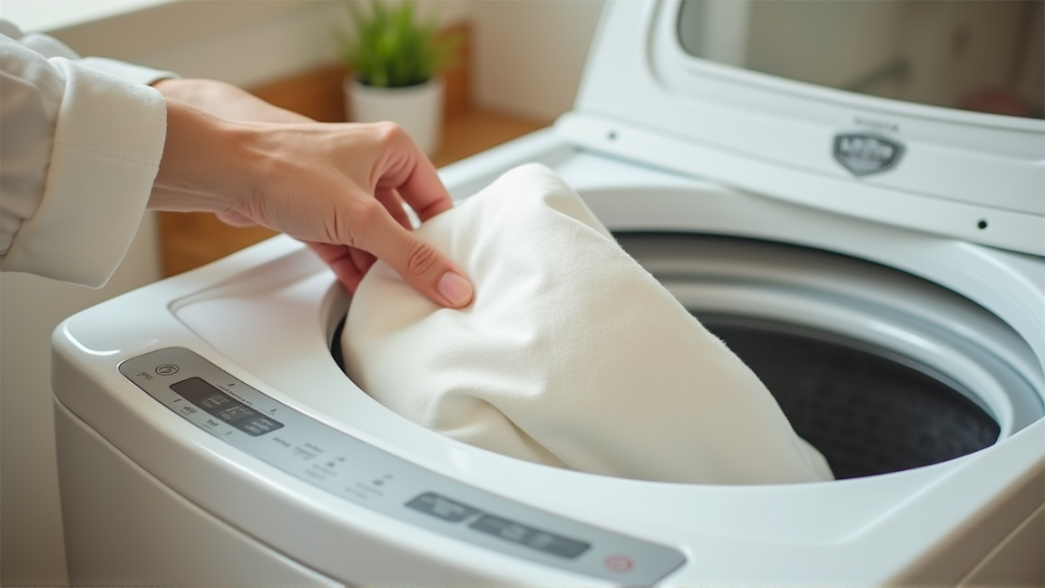 枕カバーを洗濯機に入れる手元