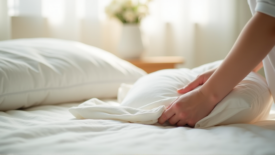 洗濯後の枕カバーを畳んでベッドサイドに置く様子