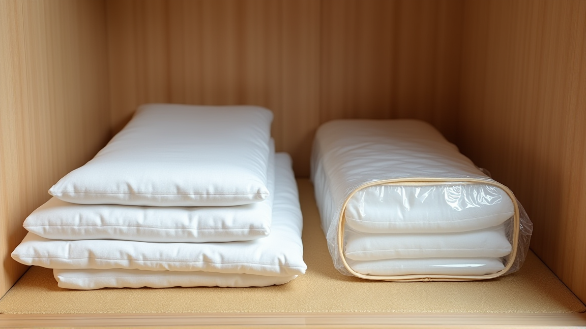 畳まれた布団と圧縮袋が並ぶ押し入れの様子