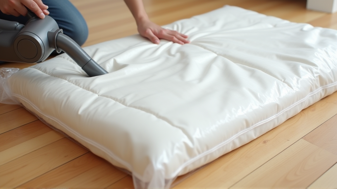 圧縮袋を使って布団の空気を抜いている手元