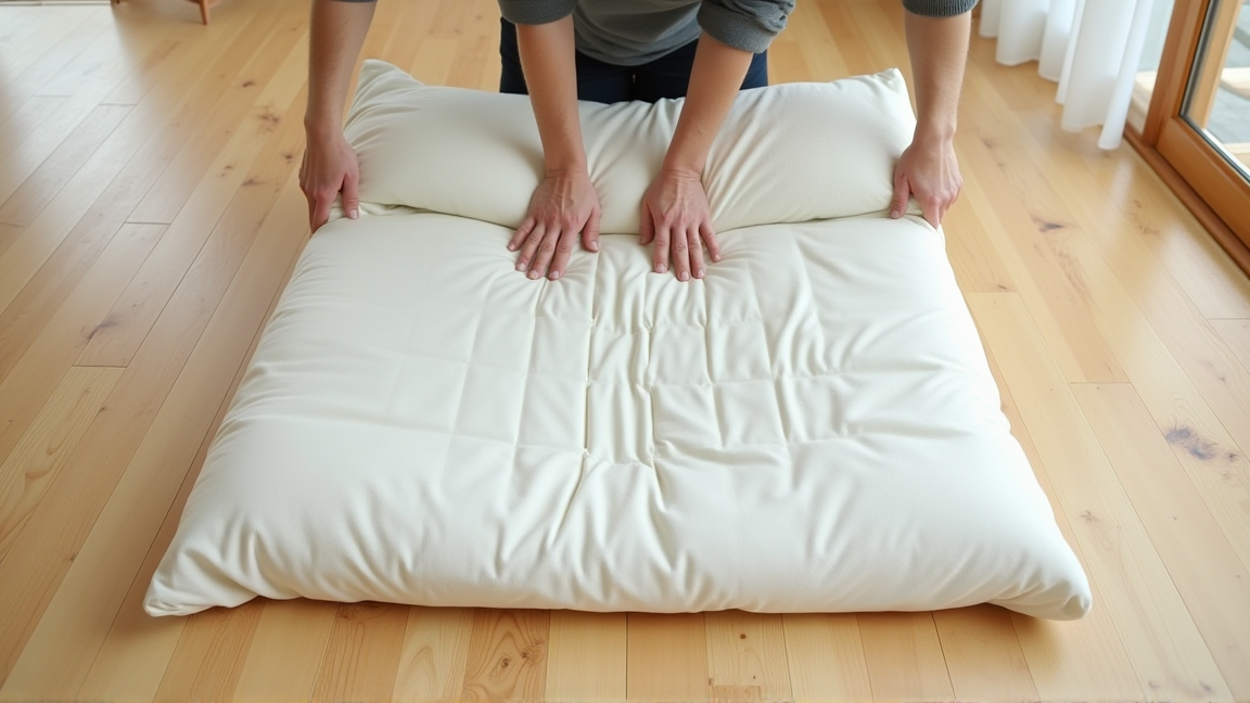 布団を床で三つ折りにしている様子