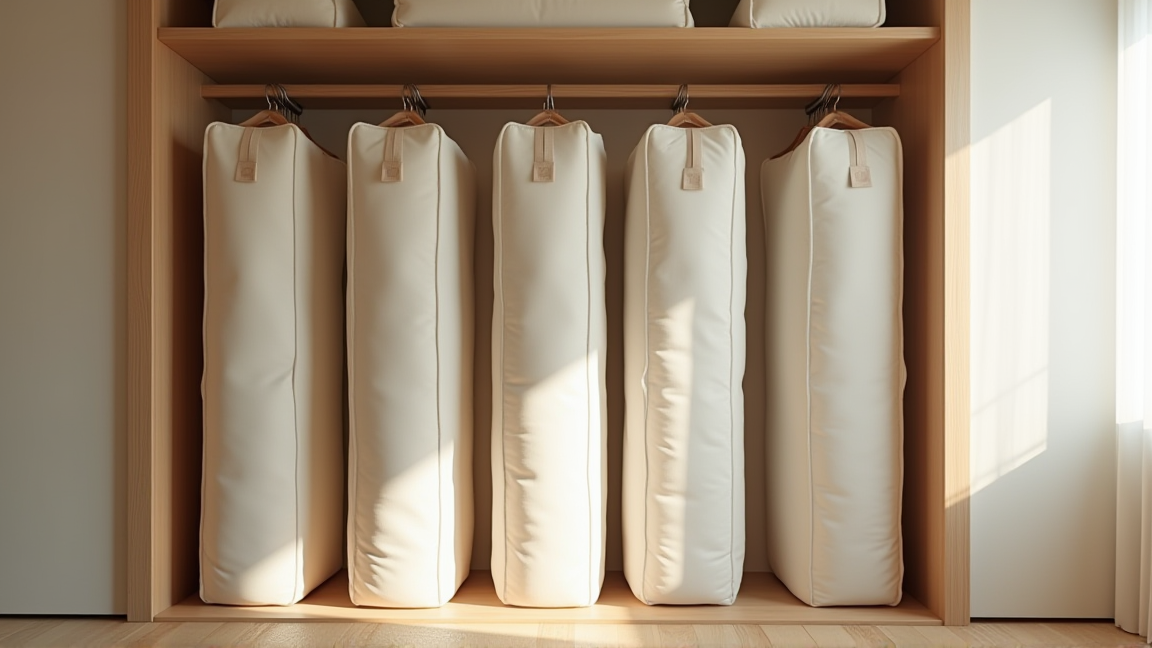 クローゼットに縦に並んだ布団収納ケース