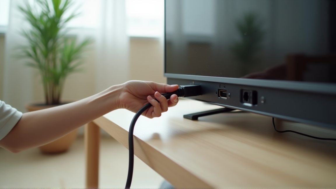 テレビ背面のHDMI端子にケーブルを差し込んでいる手元