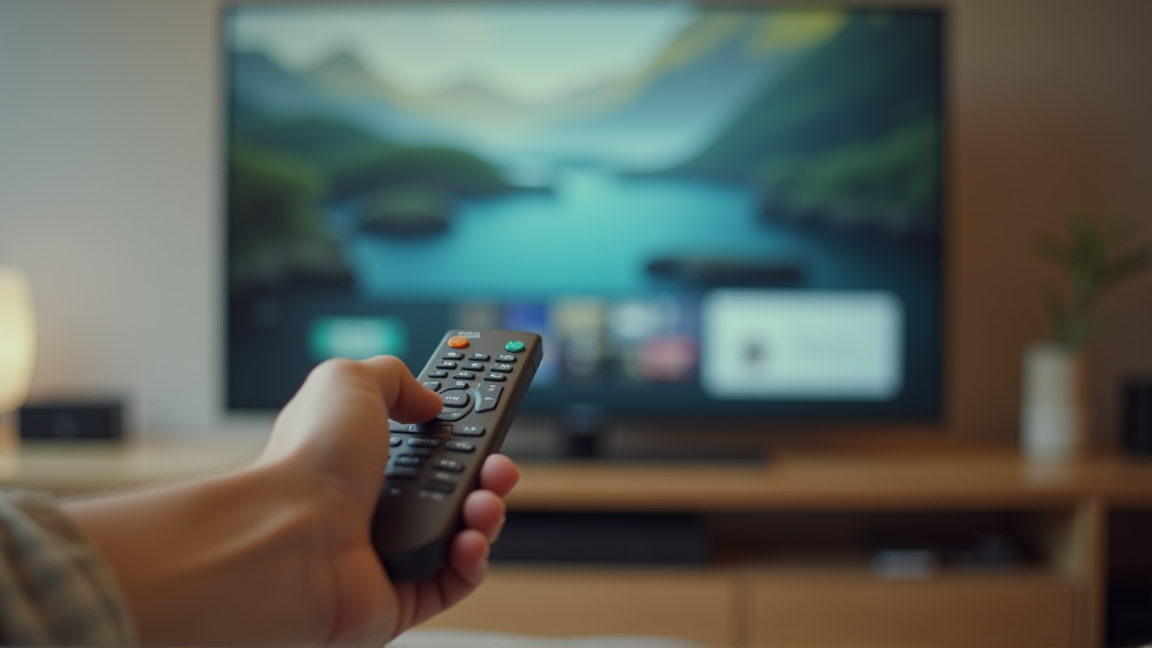 リモコンで入力切替ボタンを押す様子