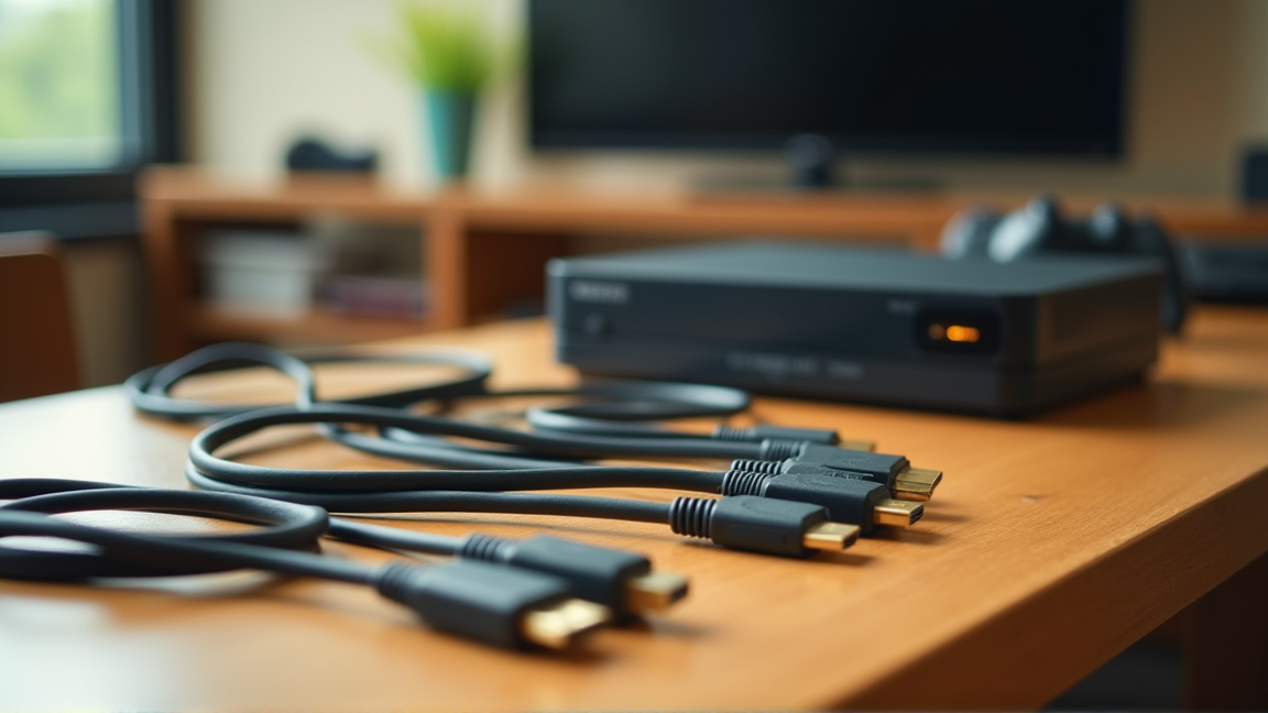 複数のHDMIケーブルとテーブルに並んだ機器