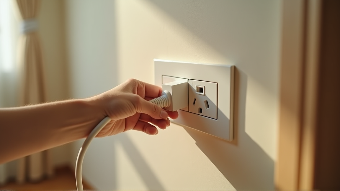 テレビ裏の電源ケーブルをコンセントから抜いている様子