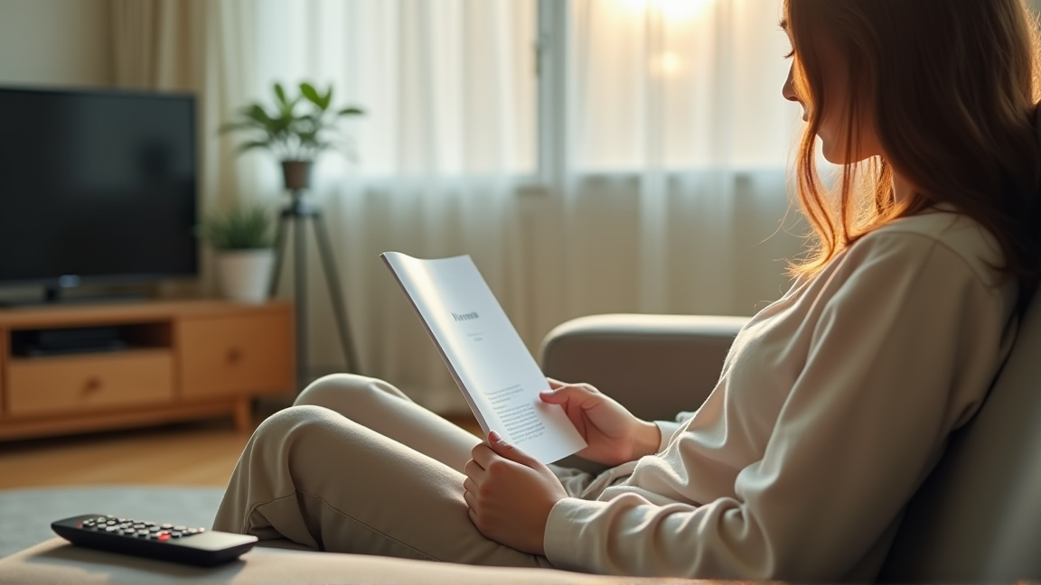 ソファに座ってテレビの説明書を眺める様子