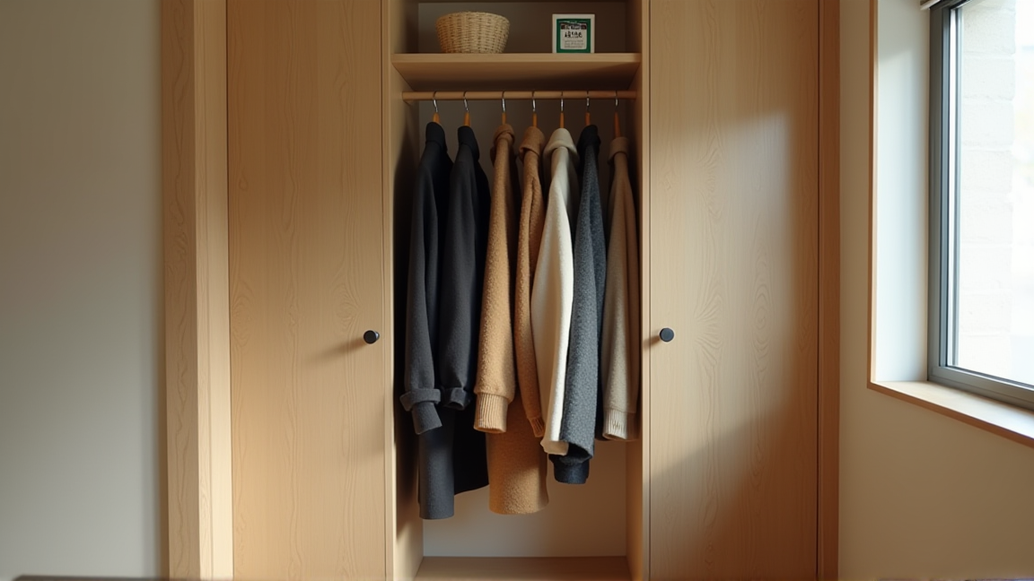 整理されたクローゼット内の衣類と防虫剤