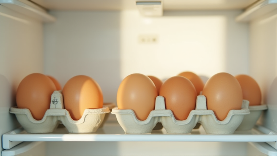 冷蔵庫の卵パックと賞味期限ラベルを確認する場面