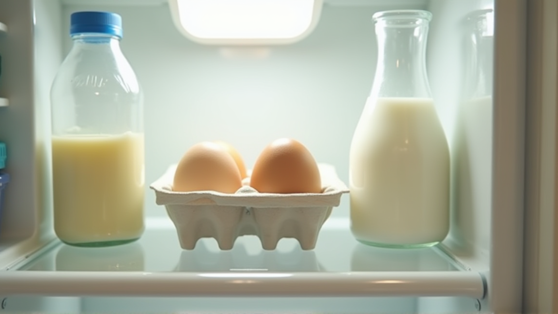 冷蔵庫の中段に並ぶ卵パックと牛乳