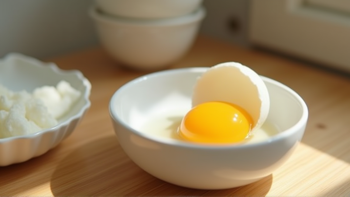 白いボウルに割り入れた新鮮な卵