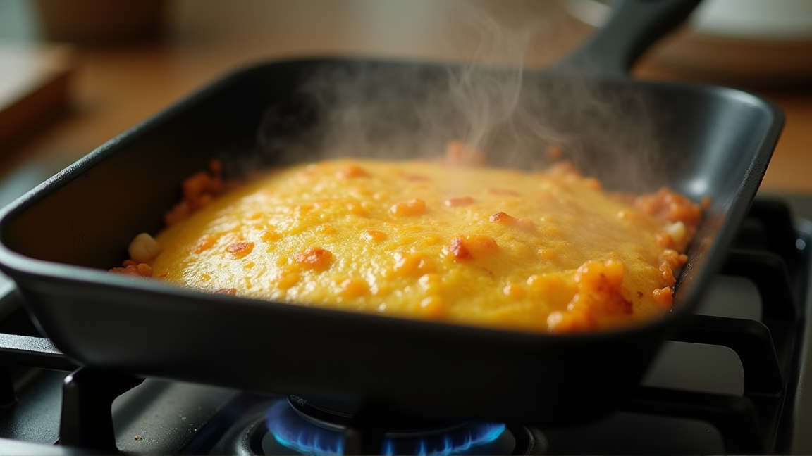 フライパンでしっかり火を通した卵焼き