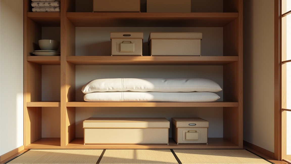押入れを上中下段に分けて布団と季節物を配置した様子