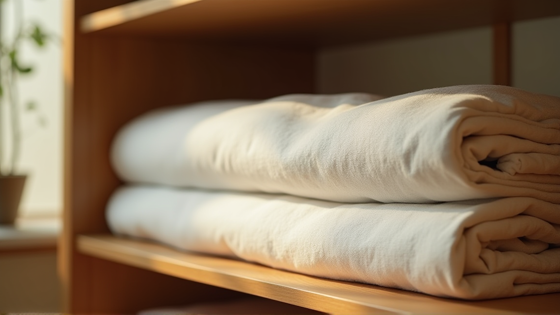 三つ折りの敷布団と四つ折りの掛け布団を中段に重ねた様子