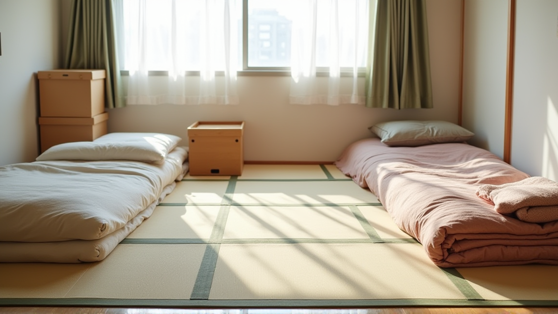 押入れの中身を全部出して仕分け中の和室の床