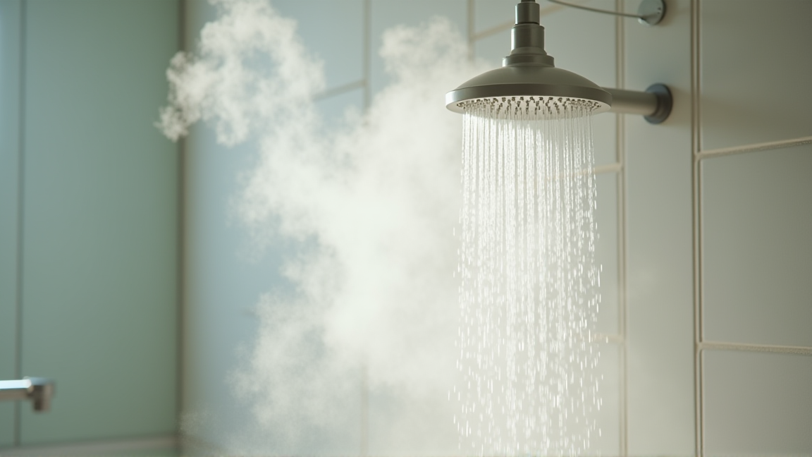 浴室で節水シャワーヘッドからお湯が出ている様子