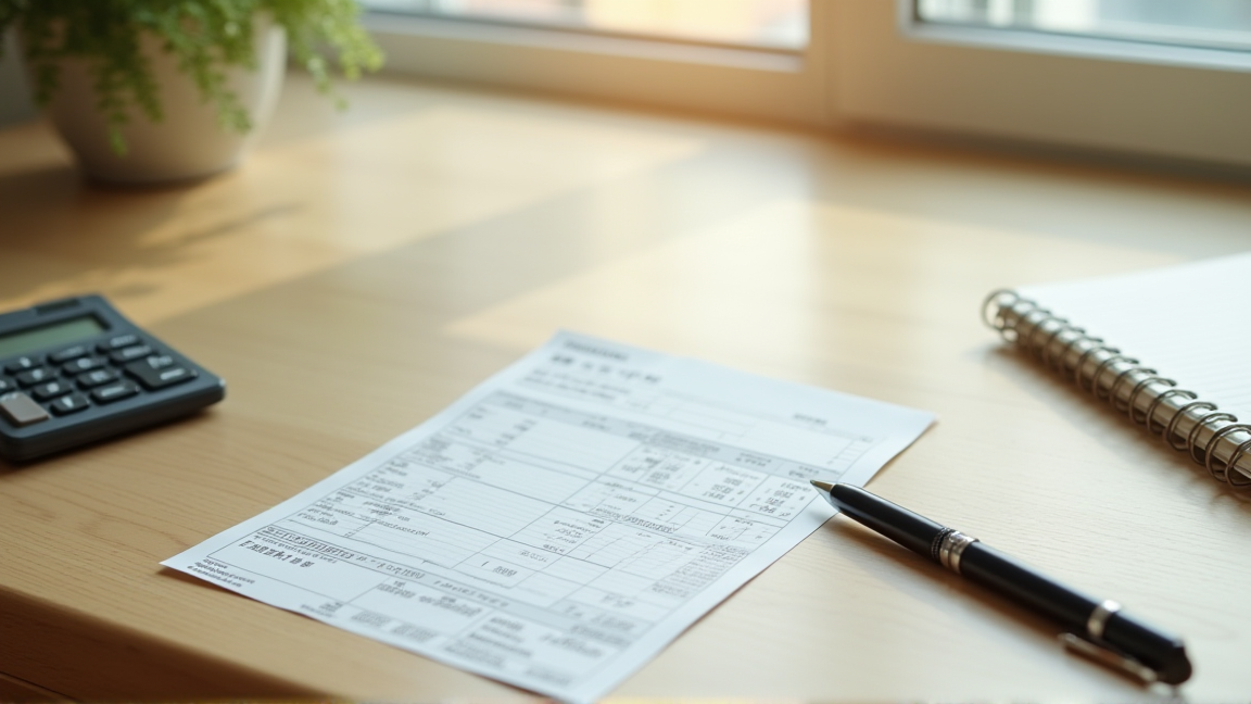 電気の検針票と電卓を机に並べて契約を見直す様子