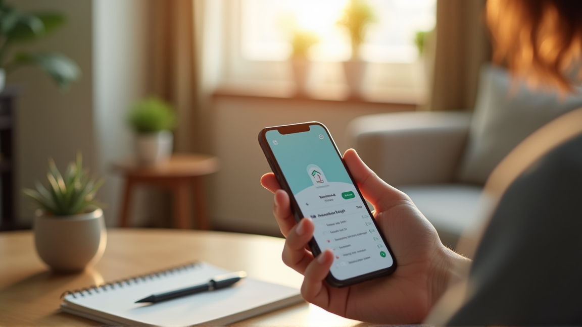 リビングのソファで家計簿アプリを見ながら考え込む手元