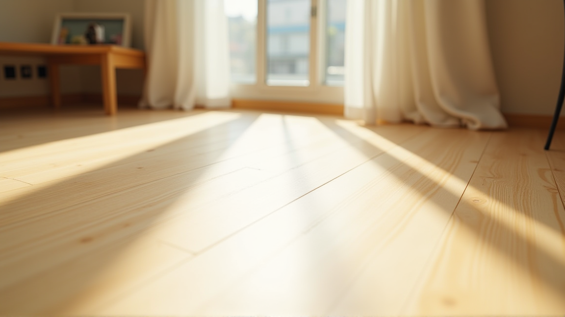 浅い線傷が入ったフローリングの床面を斜めから撮影