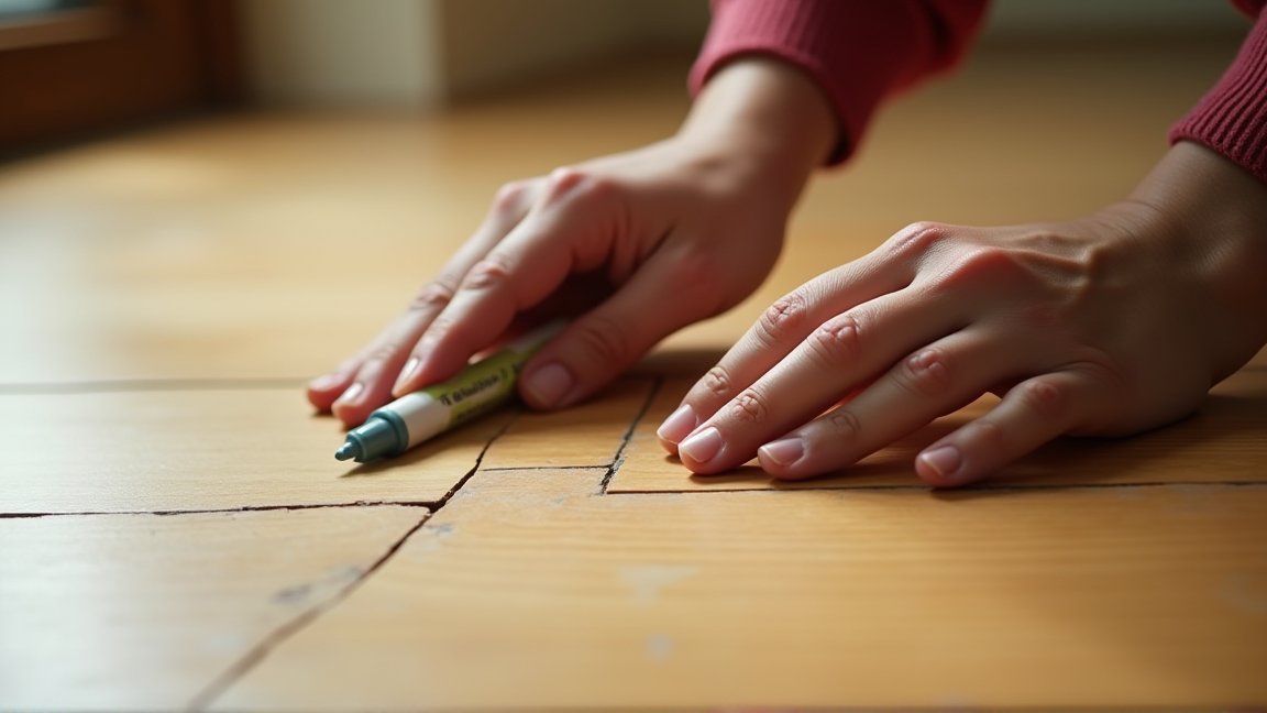 補修クレヨンとパテを床の傷に使っている手元