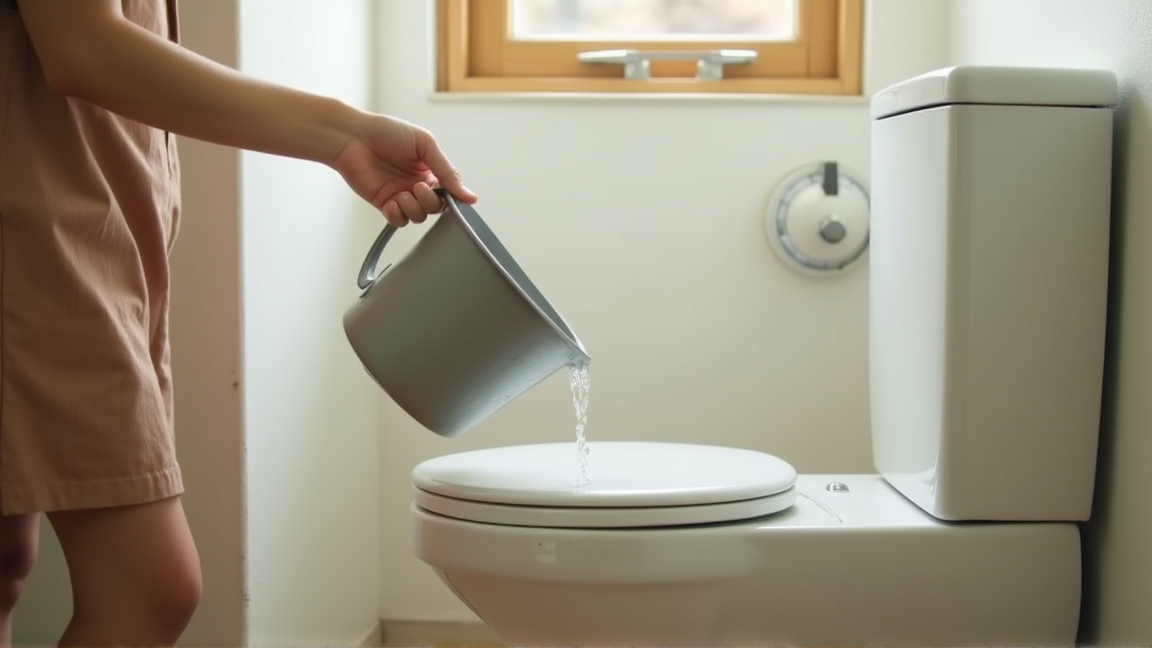 バケツからトイレにぬるま湯を注ぐ様子