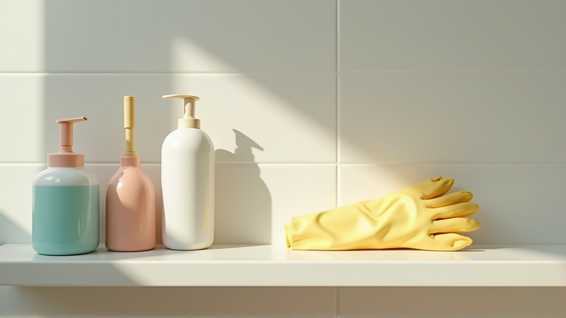 トイレ掃除道具とゴム手袋が並ぶ棚