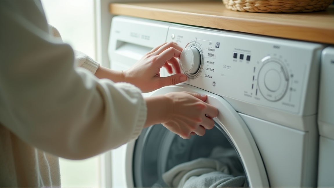 脱水できずに止まった洗濯機を確認する手元