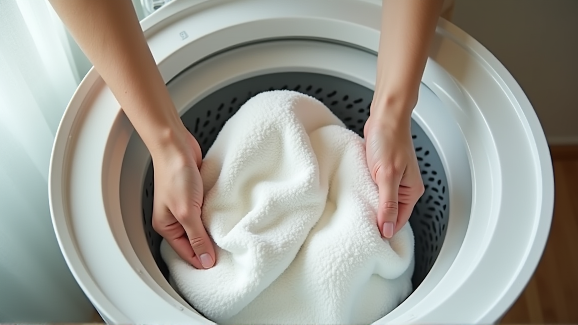 バスタオルとシーツをバランスよく入れ直す様子