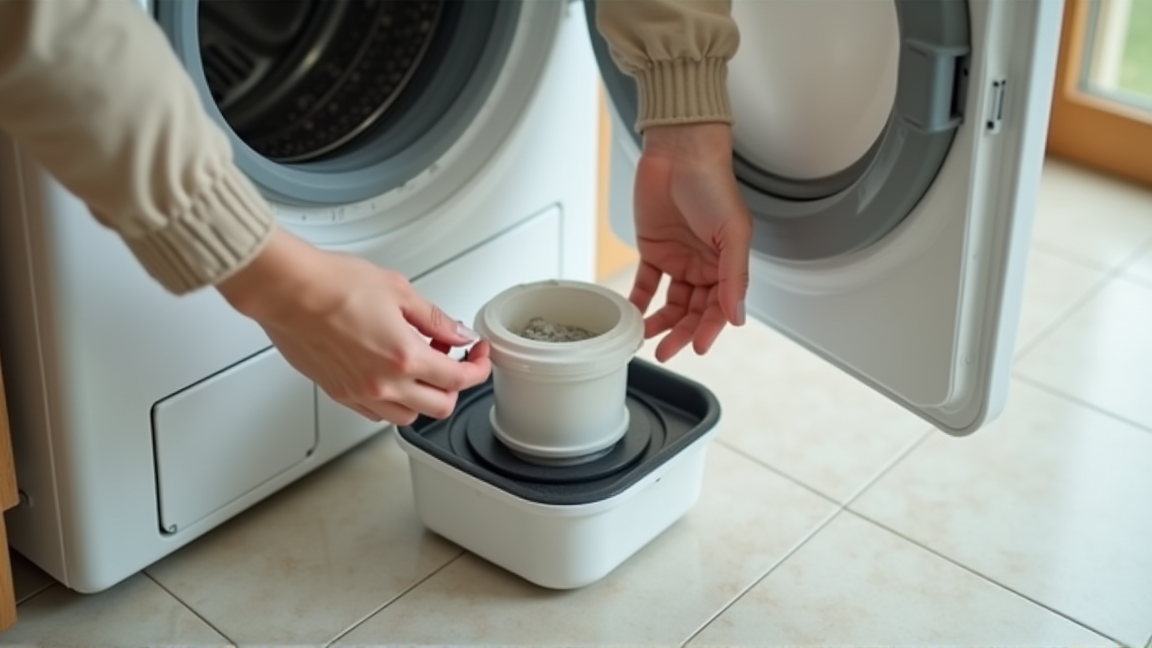 洗濯機の排水フィルターを掃除する手元