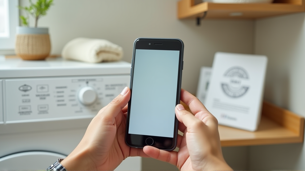 洗濯機の取扱説明書とスマホを見ながらエラーを調べる様子