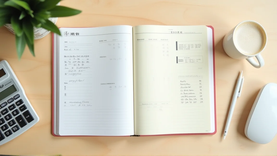 通帳と電卓で取り崩し計画を立てる様子