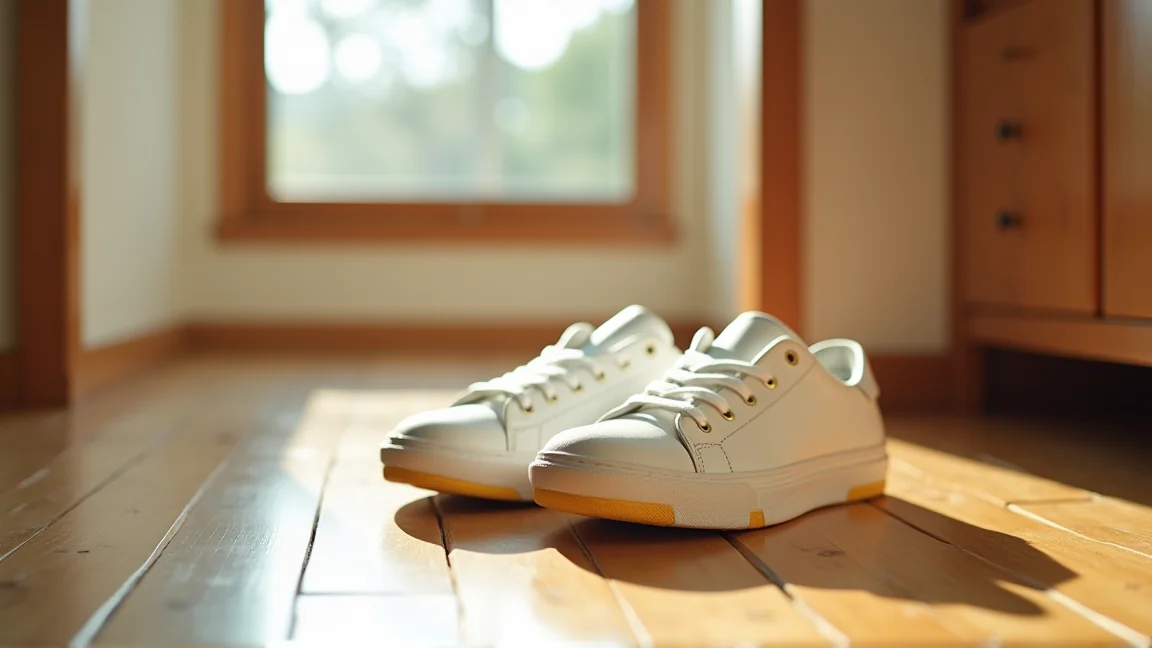 玄関に並んだ黄ばんだ白スニーカーのソールアップ
