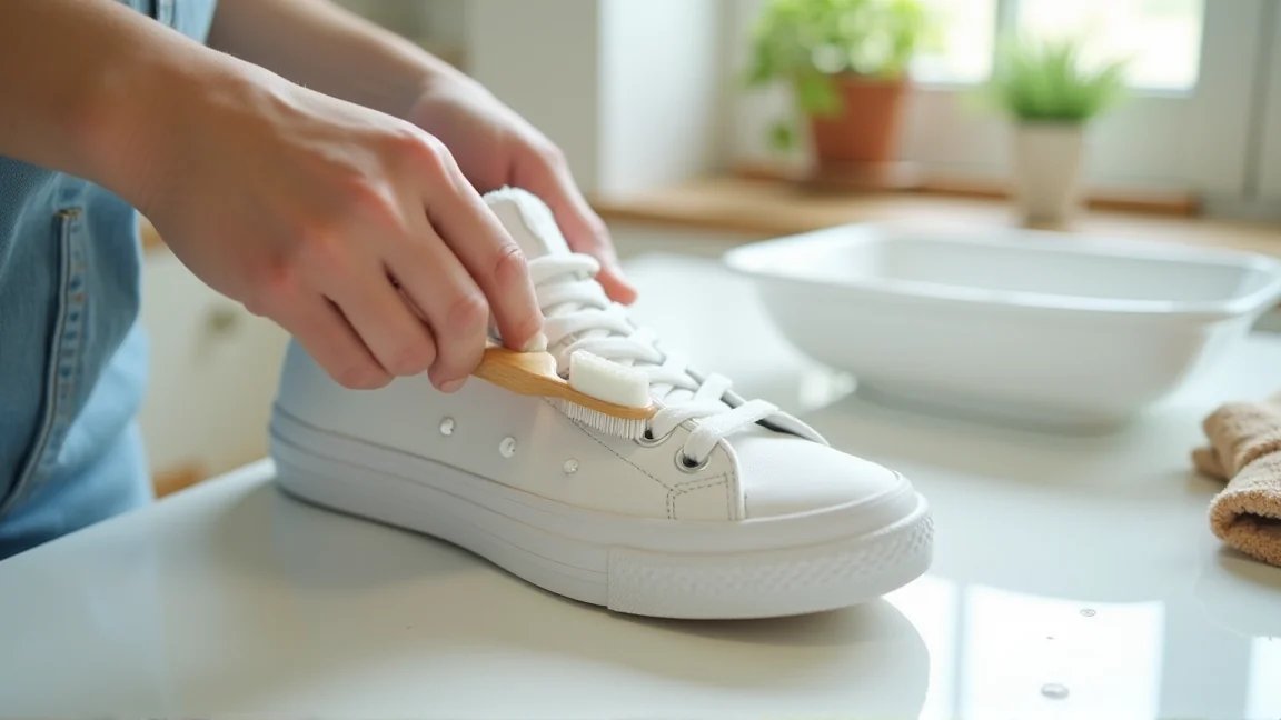 バケツと歯ブラシで白スニーカーのソールを洗う手元