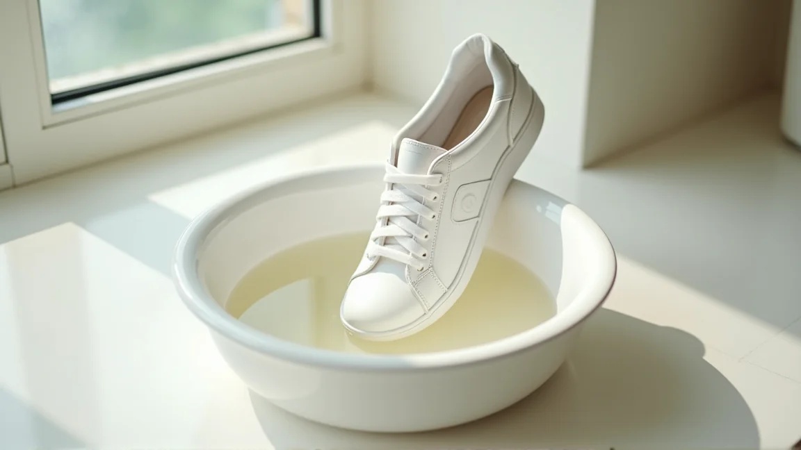洗面台で酸素系漂白剤を溶かした水にスニーカーのソールを浸けている様子