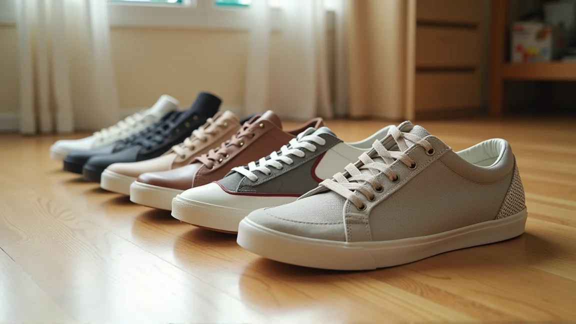 素材の違う数種類のスニーカーを並べて比較する様子
