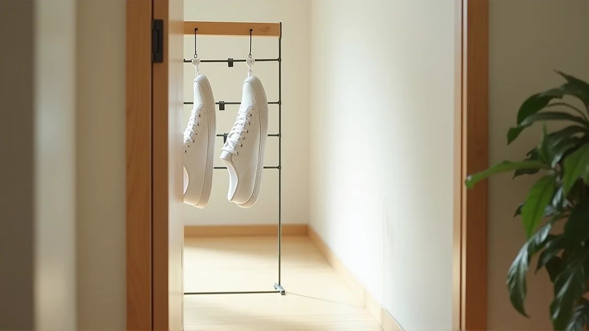風通しのよい玄関でスニーカーを陰干ししている様子
